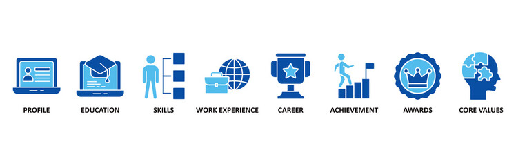 Resume icon set In Blue Style vector illustration for profile, education, skills, work experience, career, achievement, awards, core values