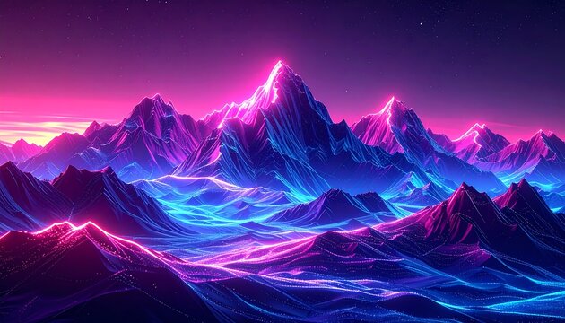 Ethereal landscape glowing mountains under a pink and purple sky, with vibrant light emanating from the peaks