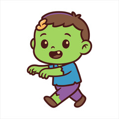 Cartoon Zombie Boy with Green Skin Walking and Smiling Halloween Theme.