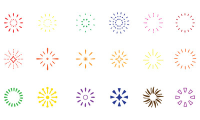 Colorful Fireworks and Sunburst Vector Icon Set - Flat Celebration Elements Collection