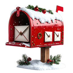 Festive Red Christmas Mailbox Decorated with Snow and Ornaments.
