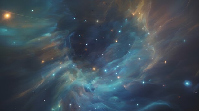 Vibrant cosmic nebula with swirling gas clouds and distant stars in deep space