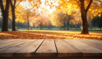 A rustic wooden surface in the foreground contrasts with a blurred backdrop of autumn trees and golden leaves.