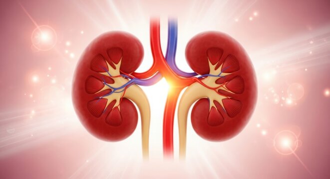 Anatomical image of healthy human kidneys with blood vessels and arteries illustration