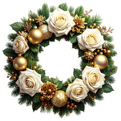 Elegant Christmas Wreath Decoration with White Roses and Gold Ornaments.
