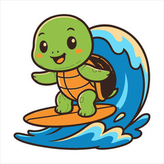 Cheerful Cartoon Turtle Surfing a Blue Wave with Orange Surfboard.