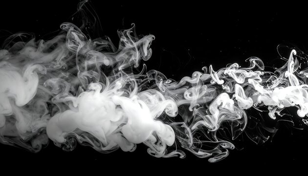 Ethereal wisps of white smoke unfurl against a stark black background, creating an abstract dance of form and light