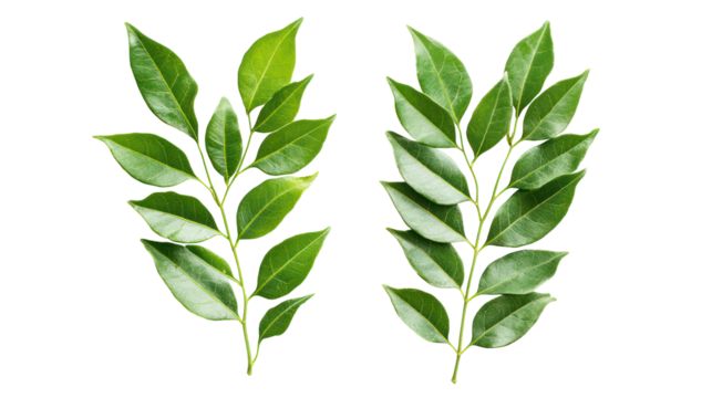 Two fresh green curry leaves branches isolated on transparent background