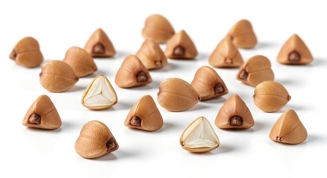 Pile of raw buckwheat groats isolated on white background