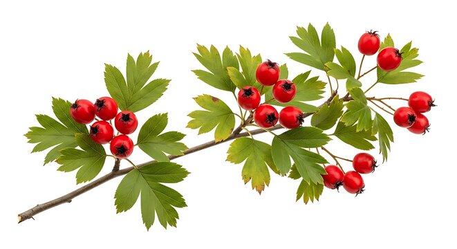 Hawthorn branch with red berries and green leaves