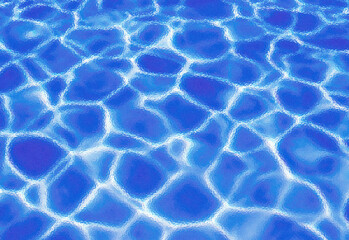 Crystal clear swimming pool water surface glowing with sunlight reflections, deep blue hues and shimmering ripple patterns, conveying refreshed summer leisure visuals