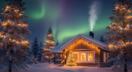 Enchanting aurora borealis illuminates a cozy cabin nestled in a snowy forest, perfect for Christmas holiday marketing campaigns and winter wonderland promotions, creating a magical, festive atmospher