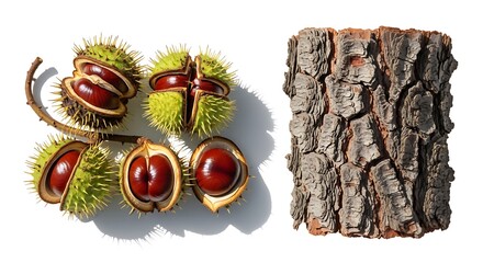 Horse chestnuts and tree bark texture close up