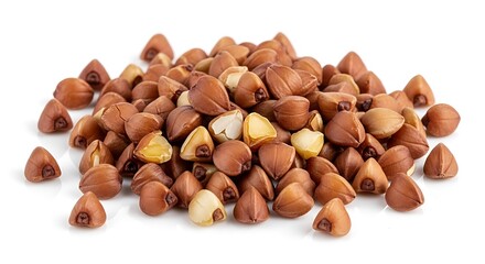 Pile of raw buckwheat groats on white background