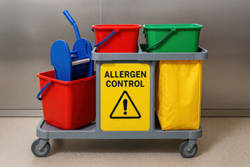 Food industry cleaning trolley labeled for allergen control and sanitation. health and safety compliance concept shows bright color buckets against stainless background