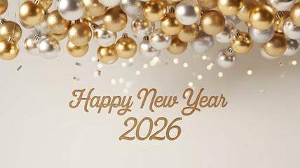 Festive golden and silver baubles adorned with sparkling confetti celebrating the arrival of 2026
