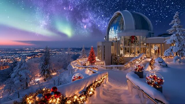 Festive Christmas Celebration in a Snowy Landscape With Beautiful Auroras Lighting the Night Sky