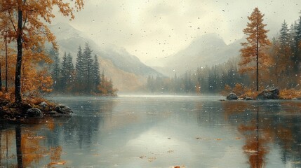 Misty lake scene with autumn trees, mountains, and a hint of snowfall