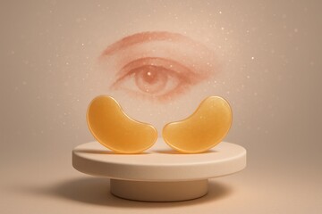 Luxury golden hydrogel eye patches with glowing particles and eye illustration on beige background. Ideal for skincare, beauty, and spa concepts.