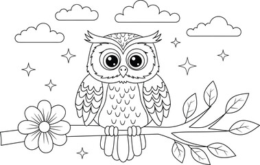 Cute owl sitting on branch black and white coloring page for kids, cartoon bird illustration with clouds, stars, and flower outline design
