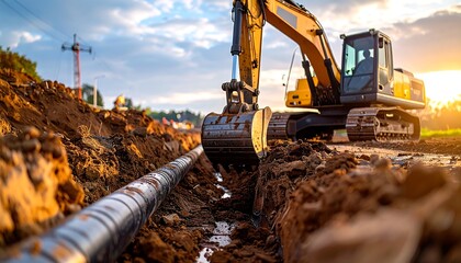 Excavator digging a trench for a large black pipe, sunset glowing in background