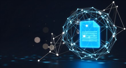 Digital document icon surrounded by a glowing network sphere, representing data security, cloud storage, blockchain document protection, futuristic file management, and secure information exchange