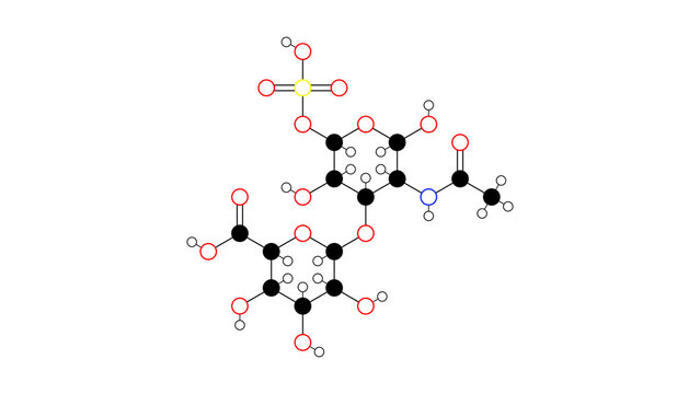 chondroitin sulfate molecule, structural chemical formula, ball-and-stick model, isolated image anti-inflammatory agent