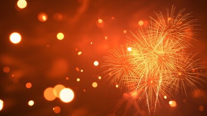 Vibrant orange and yellow fireworks explode in a dark sky with glowing bokeh lights