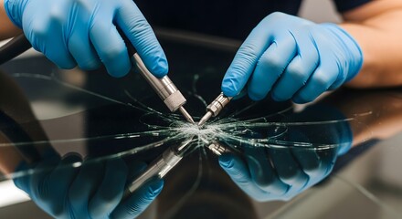 Technician repairing cracked windshield using professional tools, showcasing auto glass restoration, fracture fixing process, safety maintenance, and automotive repair precision