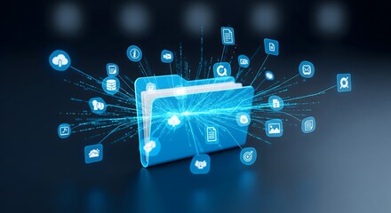 Digital data folder with cloud icons and connected network symbols representing information storage, cybersecurity, file management, online data transfer, and modern cloud computing