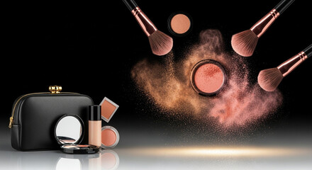 Facial and skincare. Luxury cosmetic products. Many soft face powder brushes. The perfect makeup bag. Eyeliner and mascara duo.