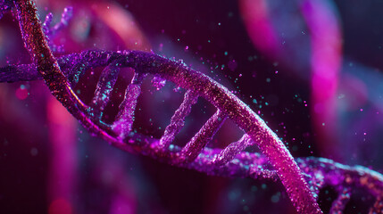 A close up view of a purple and pink dna strand with particles floating around it in the dark