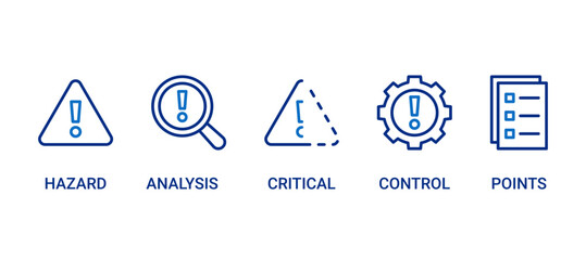 HACCP icon set containing hazard, analysis, critical, control and points vector icons. 