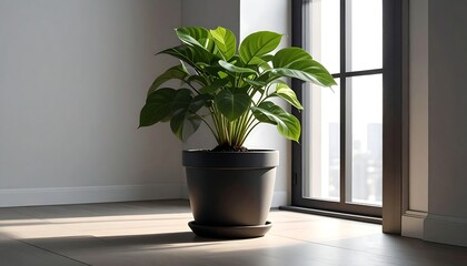 Green plant with large leaves in a black pot, illuminated by sunlight, sits on a wooden floor by a window