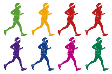 set of Person running in winter silhouette isolated on white background