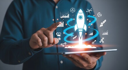 Businessman launching digital startup rocket from tablet with growth charts, futuristic hologram interface, innovation technology, business development and successful strategy concept