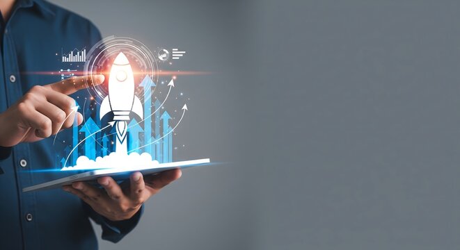 Businessman launching a digital rocket startup on a tablet with growth charts, innovation icons and futuristic technology interface symbolizing strategy, success and business development - Powered by Adobe