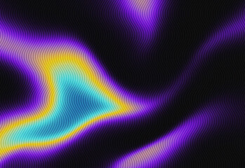 Abstract vibrant neon wave texture with purple, blue and yellow gradients on dark background, suitable as digital art background for design projects and creative branding visuals