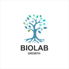 Obraz premium Modern biolab logo design featuring a tree with roots and molecular elements in blue and green, symbolizing growth, science, nature, biotechnology, and innovation