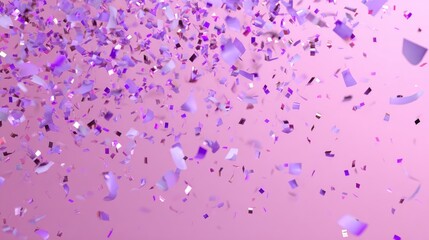 Shiny purple confetti falling on soft pink background, festive celebration concept for parties, birthdays, weddings, and special occasions, colorful glittering decoration for invitations and event des