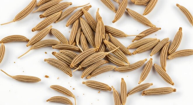 Close up macro shot of dried cumin seeds on white background