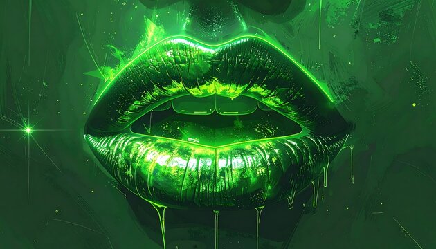 Glowing green lips drip with energy in this artistic close-up, set against a swirling, abstract green background