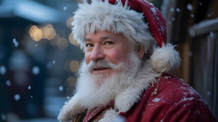 Close up portrait of a jolly santa claus with a snowy beard and red hat during winter festivities