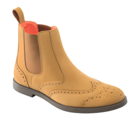 Stylish tan suede chelsea boot with brogue detailing and orange lining isolated on transparent background