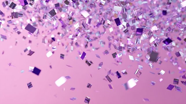 Shiny purple confetti falling on soft pink background, festive celebration concept for parties, birthdays, weddings, and special occasions, colorful glittering decoration for invitations and event des