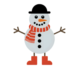 Cute cartoon snowman with orange carrot nose red scarf and boots isolated on transparent background
