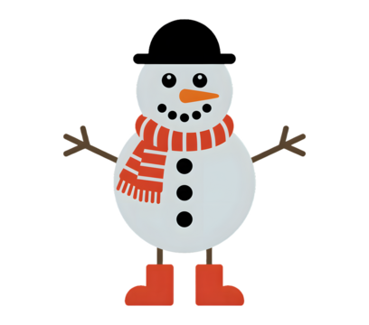 Cute cartoon snowman with orange carrot nose red scarf and boots isolated on transparent background
