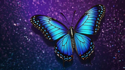 3D image Blue Butterfly on Gemstone Surface – Elegant Nature-Inspired Art with Sparkling Purple Background and Vivid Contrast.