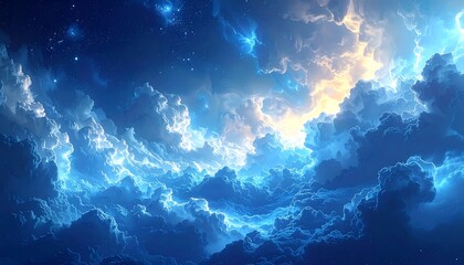 Obraz premium Fluffy cumulus clouds billow under a nighttime sky illuminated by light, with star-like dots scattered above