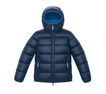 A dark blue hooded puffer jacket with a quilted design and full zipper closure isolated on transparent background